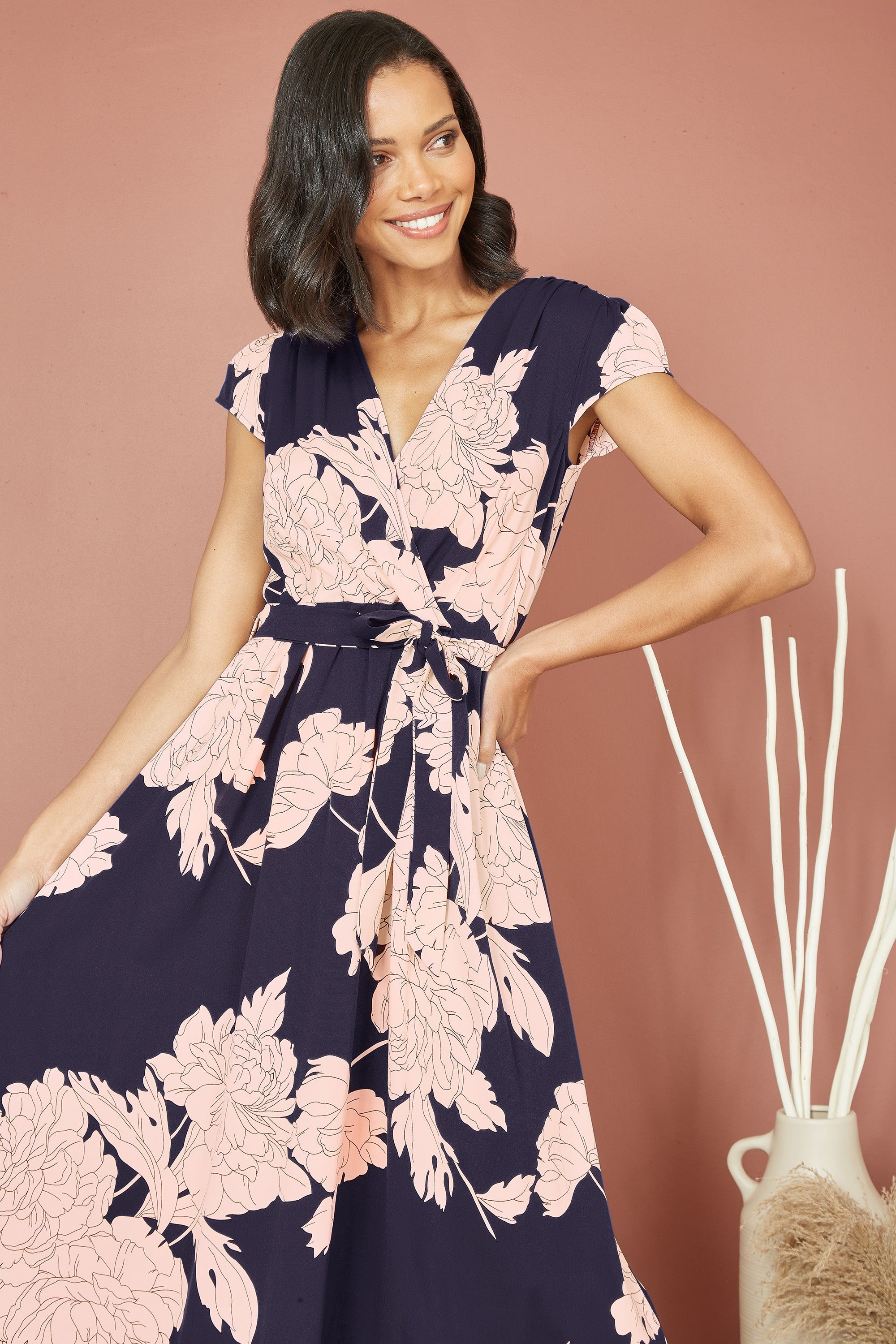 Mela Navy Blossom Print Wrap Midi with Dipped Hem