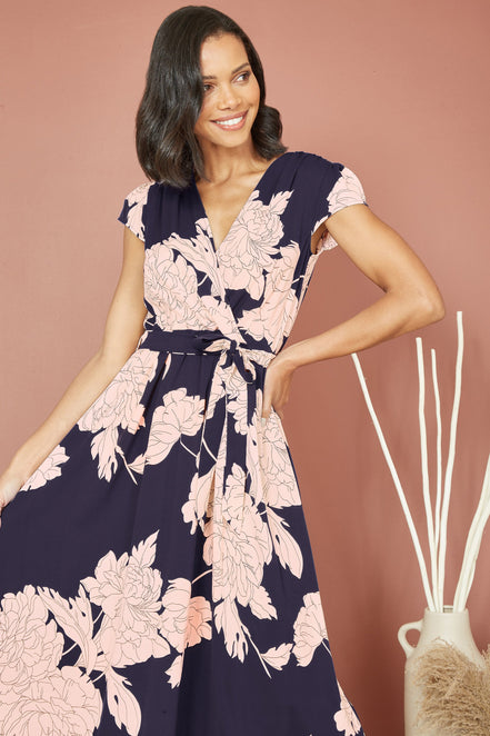 Mela Navy Blossom Print Wrap Midi with Dipped Hem