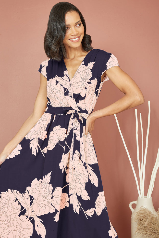 Yumi Navy Blossom Print Wrap Midi with Dipped Hem