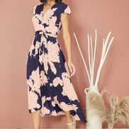 Yumi Navy Blossom Print Wrap Midi with Dipped Hem