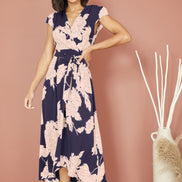 Yumi Navy Blossom Print Wrap Midi with Dipped Hem