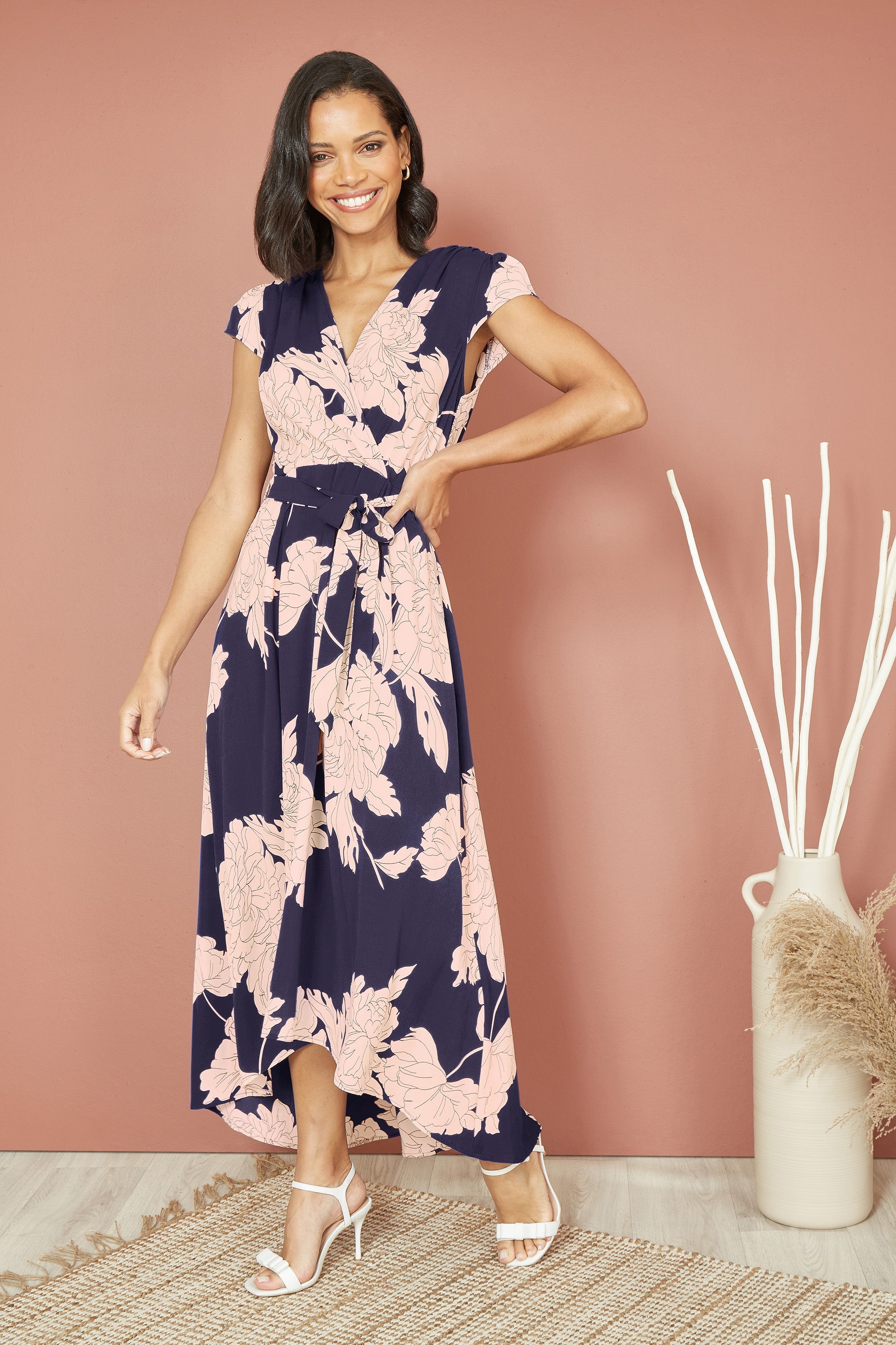 Yumi Navy Blossom Print Wrap Midi with Dipped Hem