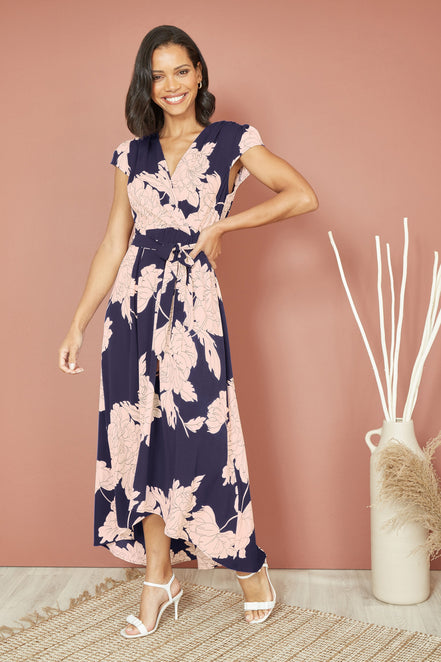 Yumi Navy Blossom Print Wrap Midi with Dipped Hem