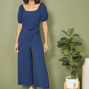Yumi Navy Square Neck Puff Sleeve Culotte Jumpsuit