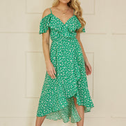 Yumi Green Ditsy Print Bardot Midi Dress with Dip Hem