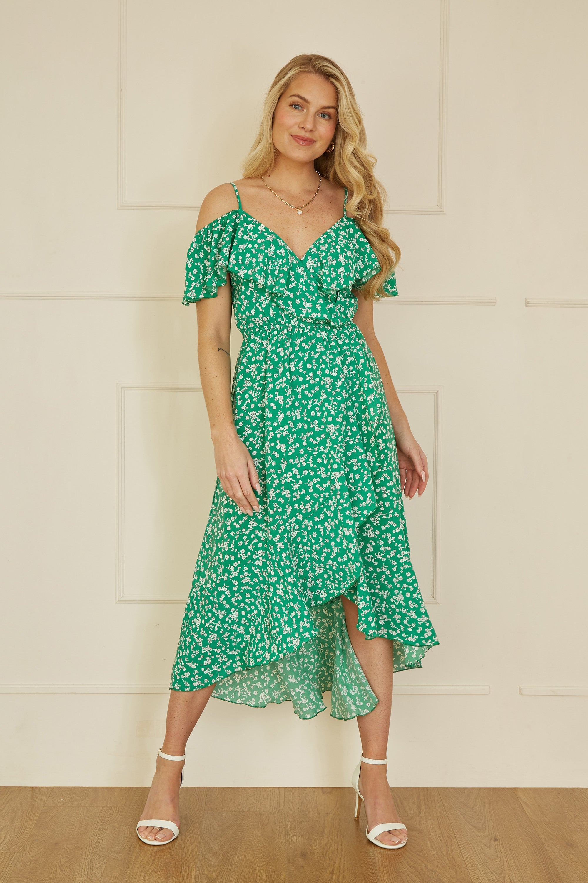 Yumi Green Ditsy Print Bardot Midi Dress with Dip Hem