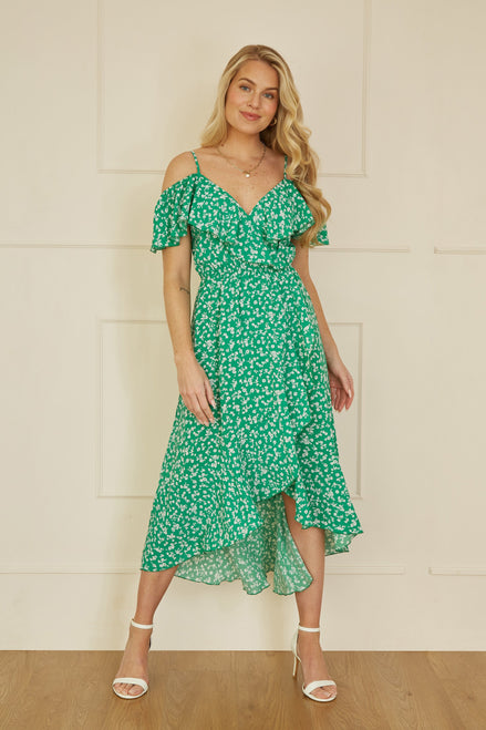 Yumi Green Ditsy Print Bardot Midi Dress with Dip Hem
