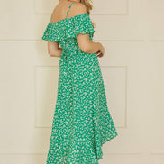 Yumi Green Ditsy Print Bardot Midi Dress with Dip Hem