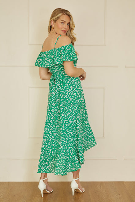 Yumi Green Ditsy Print Bardot Midi Dress with Dip Hem