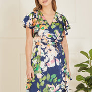 Mela Navy Floral Satin Wrap Over Midi Dress With Frill Sleeve
