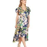 Mela Navy Floral Satin Wrap Over Midi Dress With Frill Sleeve
