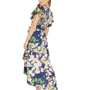 Mela Navy Floral Satin Wrap Over Midi Dress With Frill Sleeve