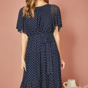 Yumi Navy Dot Print Mesh Stretch Midi Skater Dress