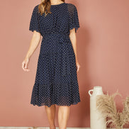 Yumi Navy Dot Print Mesh Stretch Midi Skater Dress