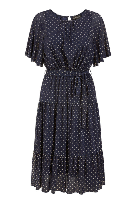 Yumi Navy Dot Print Mesh Stretch Midi Skater Dress