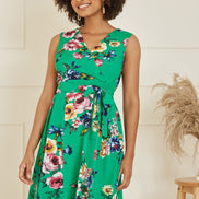 Mela Green Floral Wrap Over Midi Skater Dress