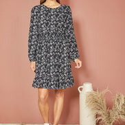 Mela Black Floral Print Ruched Waist Long Sleeve Skater Dress