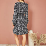 Mela Black Floral Print Ruched Waist Long Sleeve Skater Dress