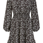 Mela Black Floral Print Ruched Waist Long Sleeve Skater Dress