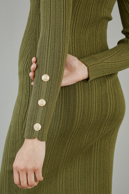 Yumi Green Shimmer Fitted Midi Dress with Button
