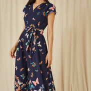 Yumi Navy Butterfly Print Dip Hem Midi Wrap Dress