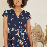 Yumi Navy Butterfly Print Dip Hem Midi Wrap Dress