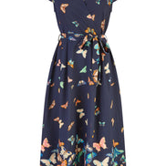 Yumi Navy Butterfly Print Dip Hem Midi Wrap Dress