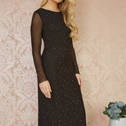 Yumi Black Mesh Bodycon Midi Dress with Tie Back and Diamantes
