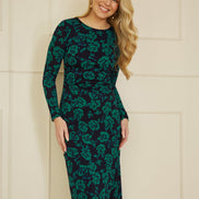 Yumi Green Floral Fitted Mesh Midi Dress with Long Sleeves