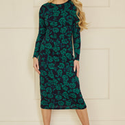 Yumi Green Floral Fitted Mesh Midi Dress with Long Sleeves