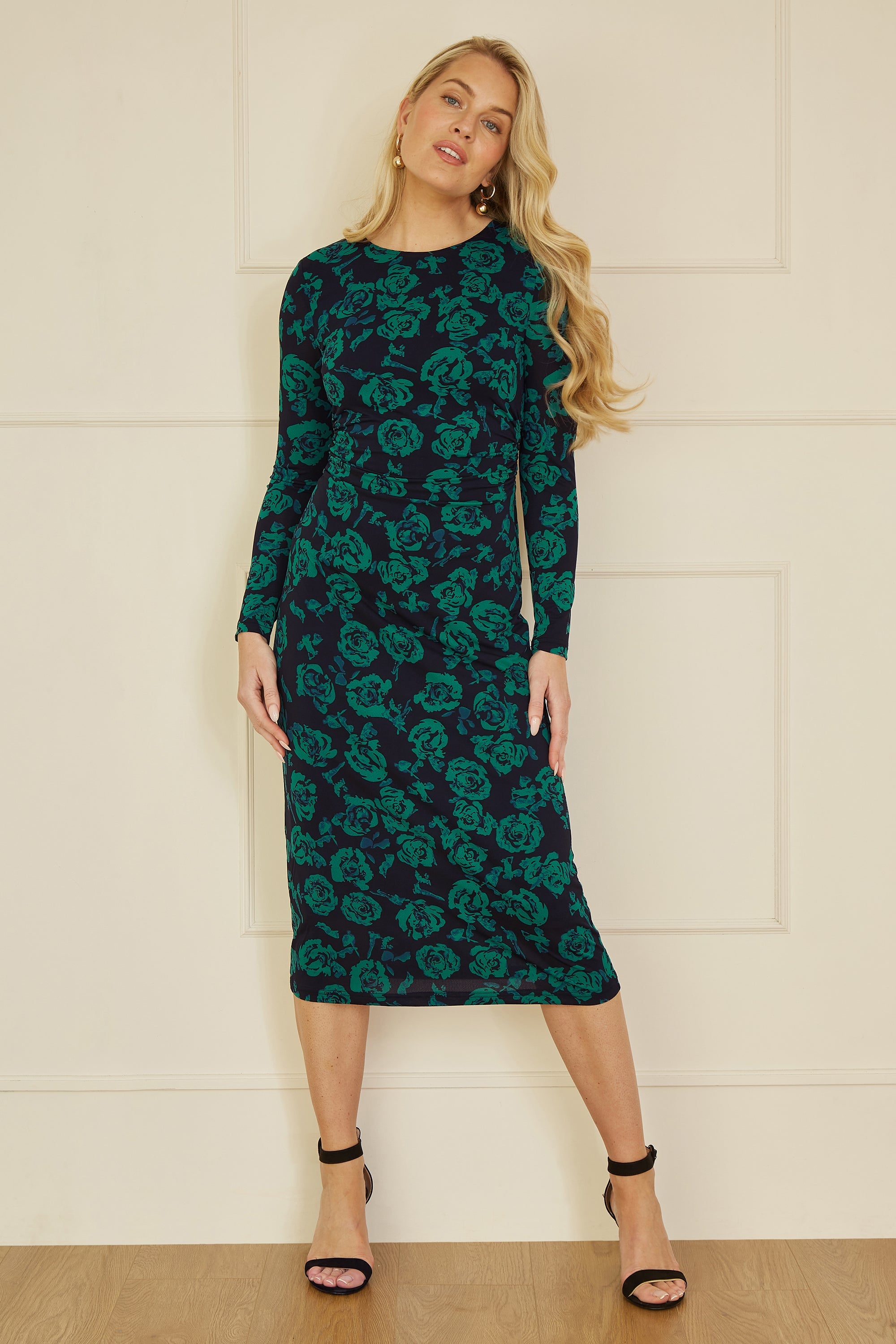 Yumi Green Floral Fitted Mesh Midi Dress with Long Sleeves