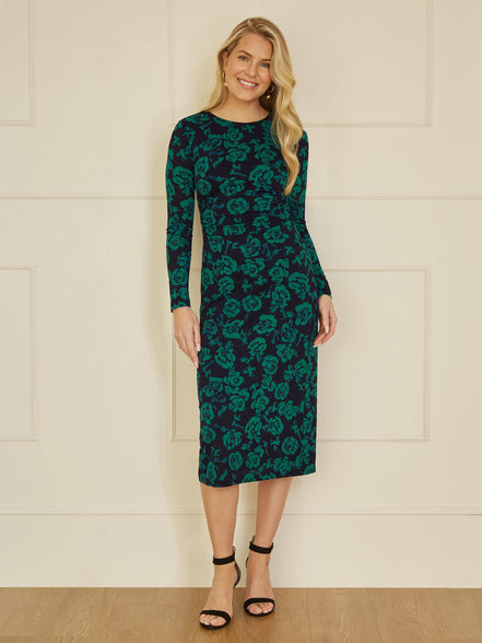 Yumi Green Floral Fitted Mesh Midi Dress with Long Sleeves