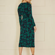 Yumi Green Floral Fitted Mesh Midi Dress with Long Sleeves