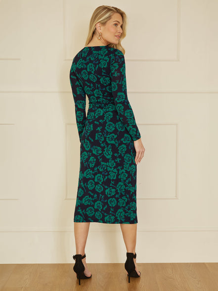 Yumi Green Floral Fitted Mesh Midi Dress with Long Sleeves