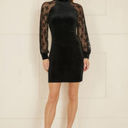 Yumi Black Velvet Fitted Dress With Lace Sleeves