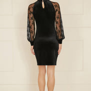 Yumi Black Velvet Fitted Dress With Lace Sleeves