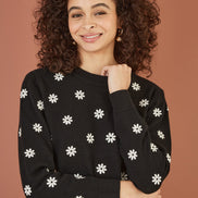Yumi Black All Over Embroidered Daisy Knitted Jumper