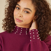 Yumi Plum Pearl Detail Knitted Relaxed Jumper Dress