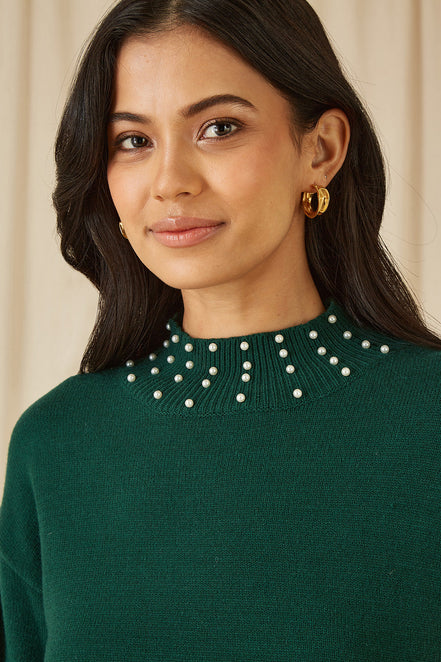 Yumi Green Pearl Detail Knitted Relaxed Jumper Dress