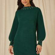 Mela Green Pearl Detail Knitted Relaxed Jumper Dress