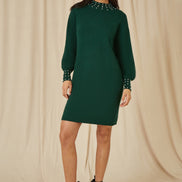 Mela Green Pearl Detail Knitted Relaxed Jumper Dress