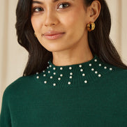 Mela Green Pearl Detail Knitted Relaxed Jumper Dress