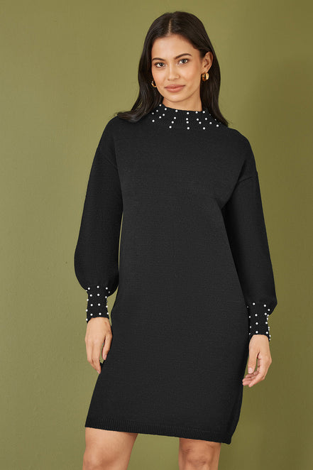 Yumi Black Pearl Detail Knitted Relaxed Jumper Dress