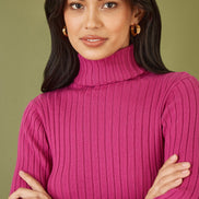 Mela Pink Ribbed Knit Roll Neck Jumper
