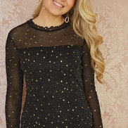 Yumi Black Mesh Star Print Long Sleeve Top