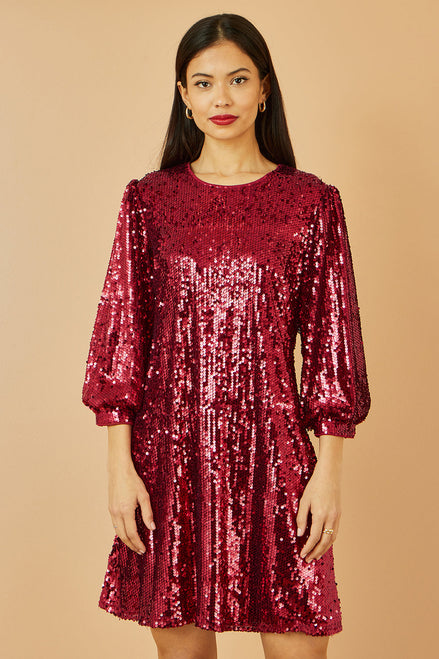 Yumi Burgundy Sequin Tunic Dress with Balloon Sleeves