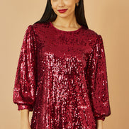 Yumi Burgundy Sequin Tunic Dress with Balloon Sleeves