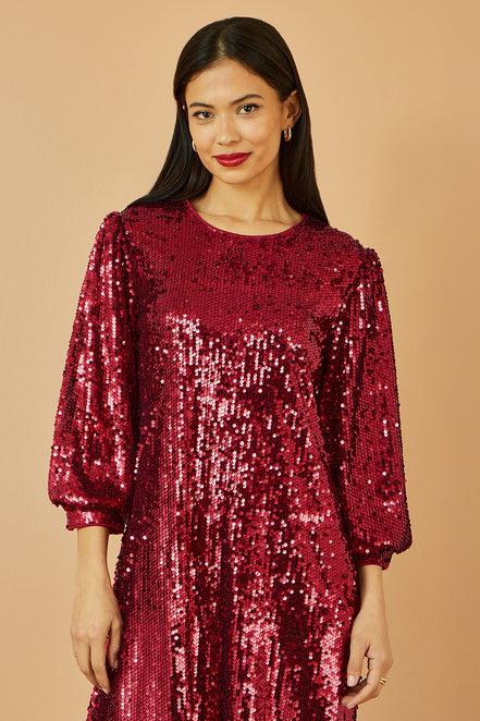 Yumi Burgundy Sequin Tunic Dress with Balloon Sleeves