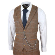 STZ73 - Men's 3 Piece Suit Wool Tweed Herringbone Tan Brown Blue Check 1920s Gatsby Formal Dress Suits