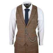 STZ73 - Men's 3 Piece Suit Wool Tweed Herringbone Tan Brown Blue Check 1920s Gatsby Formal Dress Suits